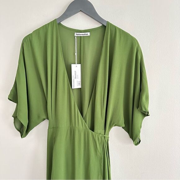 Reformation Karen Midi Dress in Moss Green - Picture 2 of 7